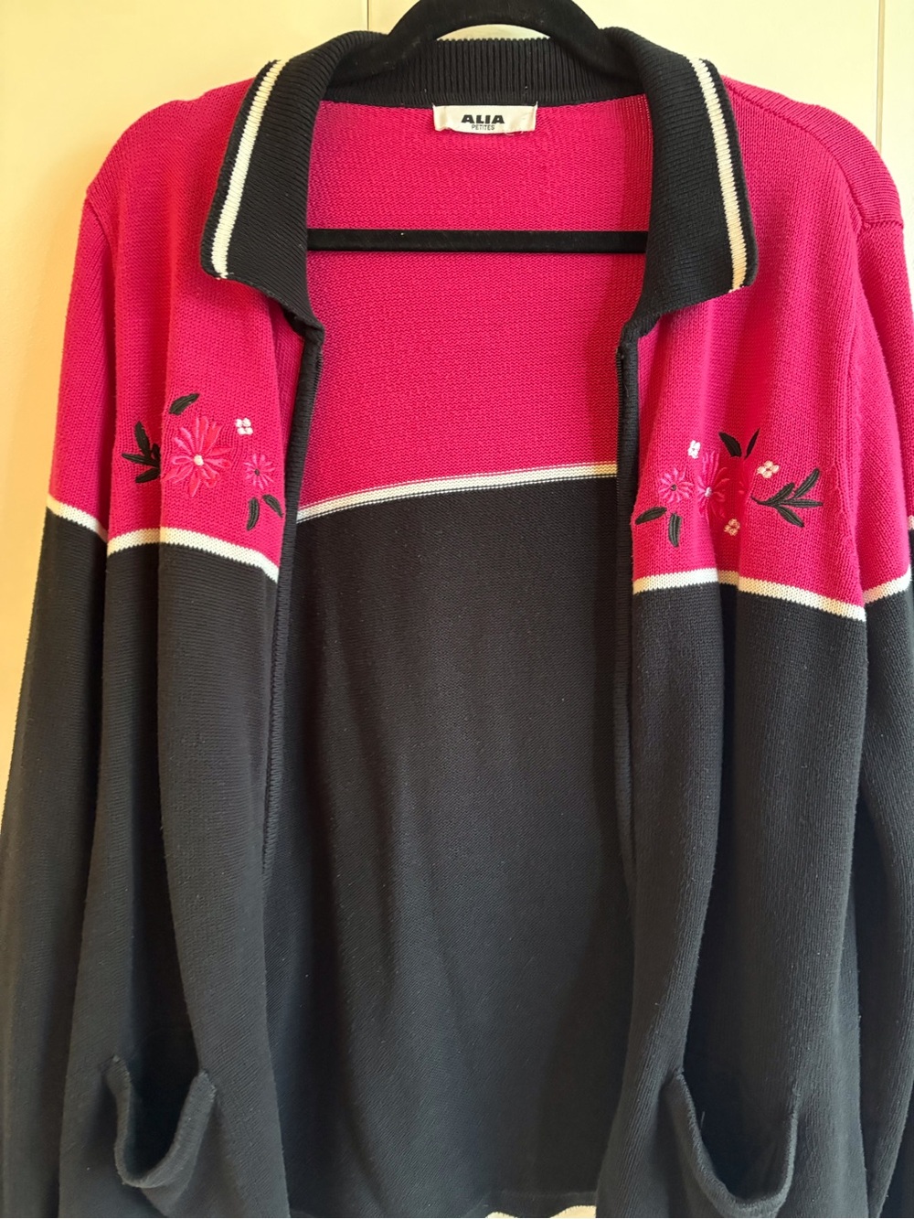 Alia Pink and Black Zip-Up Cardigan Sweater with Floral Embroidery - Picture 5 of 5